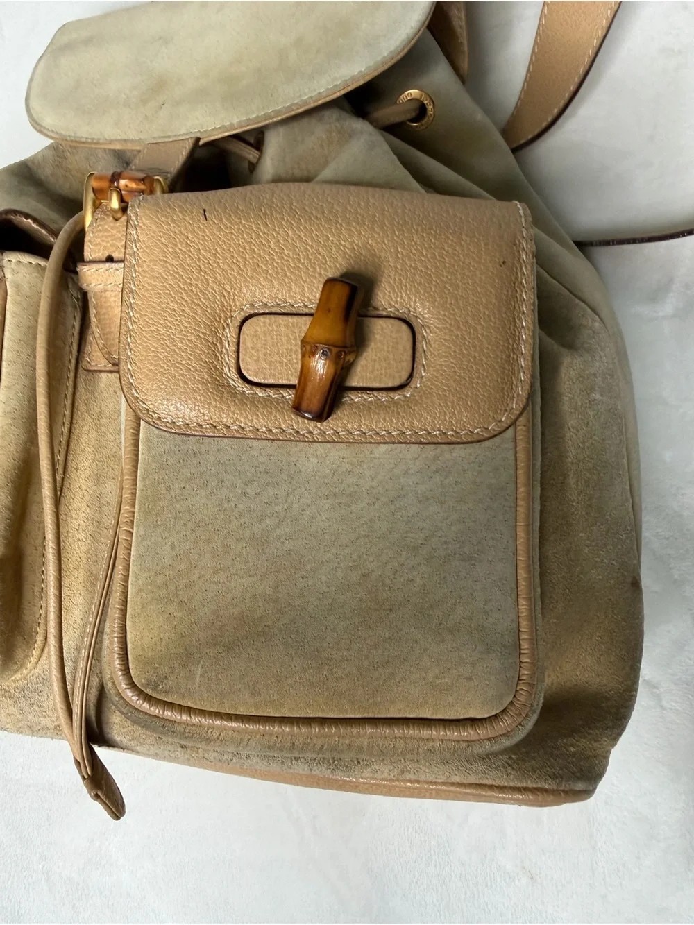 Gucci Beige Suede & Tan Leather Bamboo Handle Backpack
